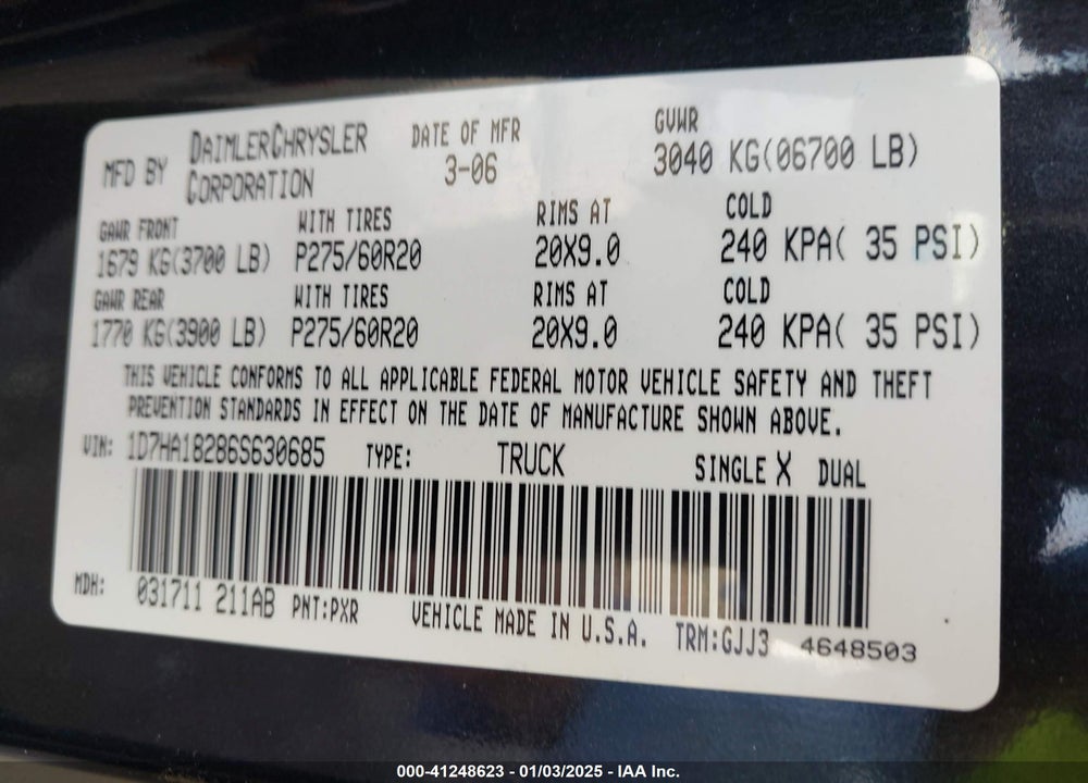2006 DODGE RAM 1500 VIN: 1D7HA18286S630685