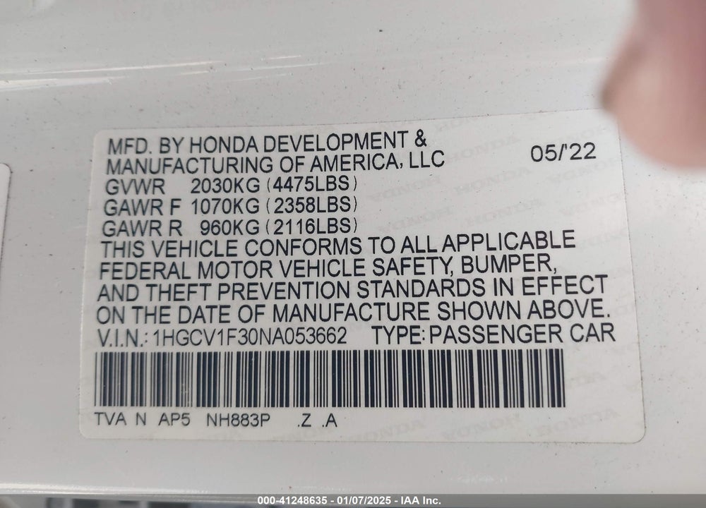 2022 HONDA ACCORD SPORT VIN: 1HGCV1F30NA053662