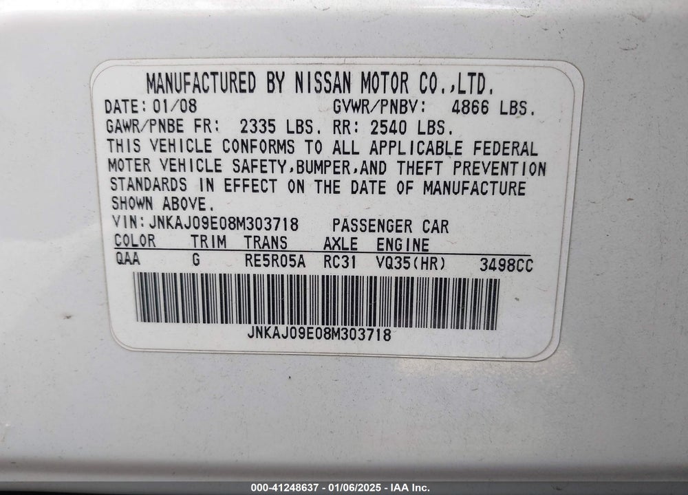 2008 INFINITI EX35 JOURNEY VIN: JNKAJ09E08M303718