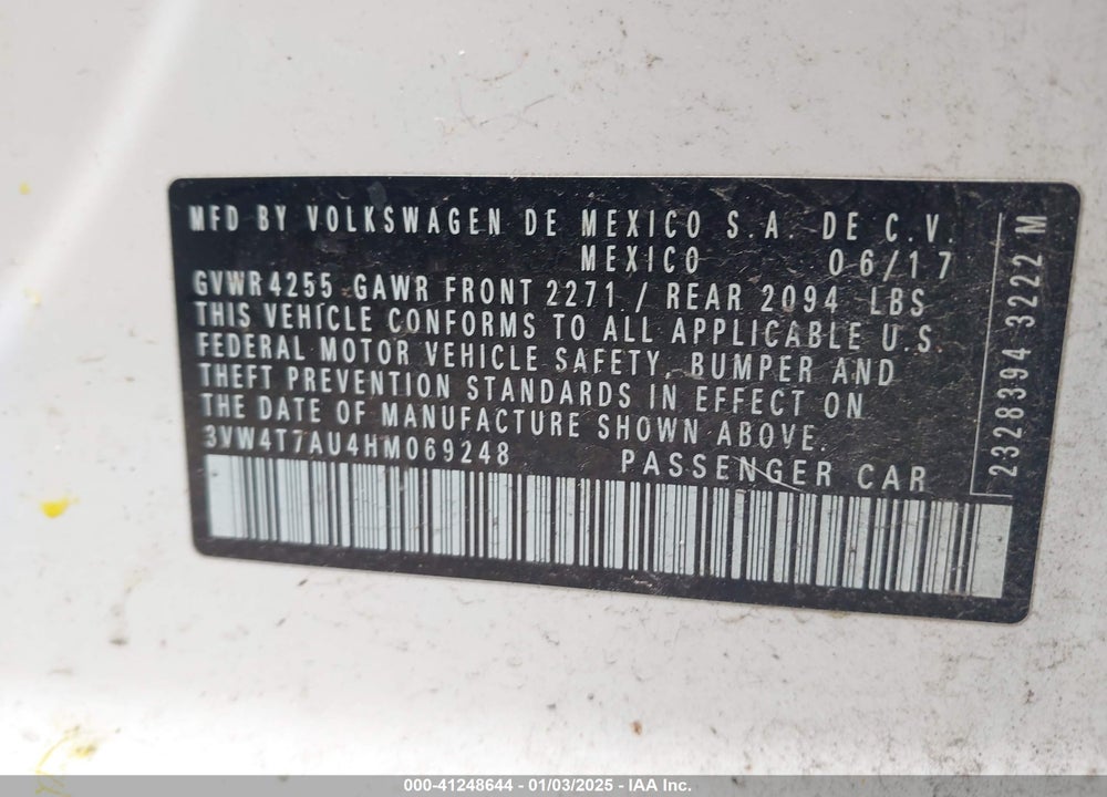 2017 VOLKSWAGEN GTI VIN: 3VW4T7AU4HM069248