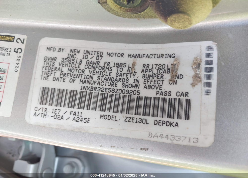 2008 TOYOTA COROLLA CE VIN: 1NXBR32E58Z009205