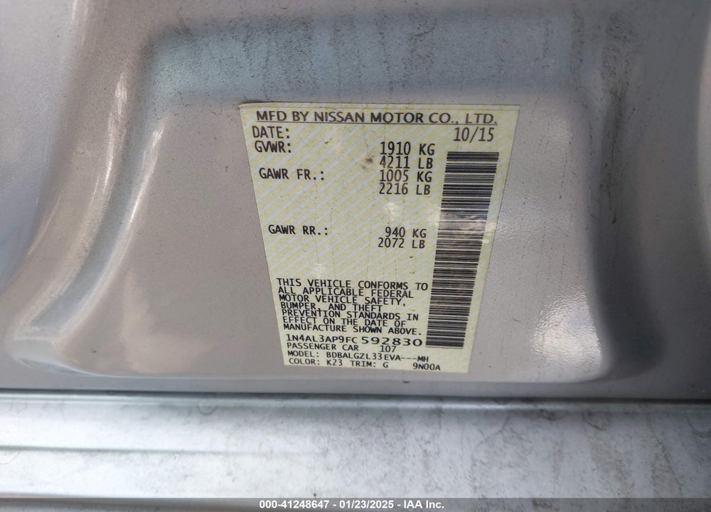 2015 NISSAN ALTIMA VIN: 1N4AL3AP9FC592830