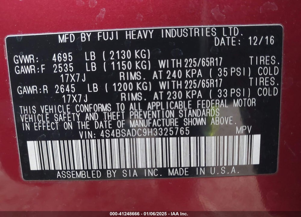 2017 SUBARU OUTBACK 2.5I PREMIUM VIN: 4S4BSADC9H3325765