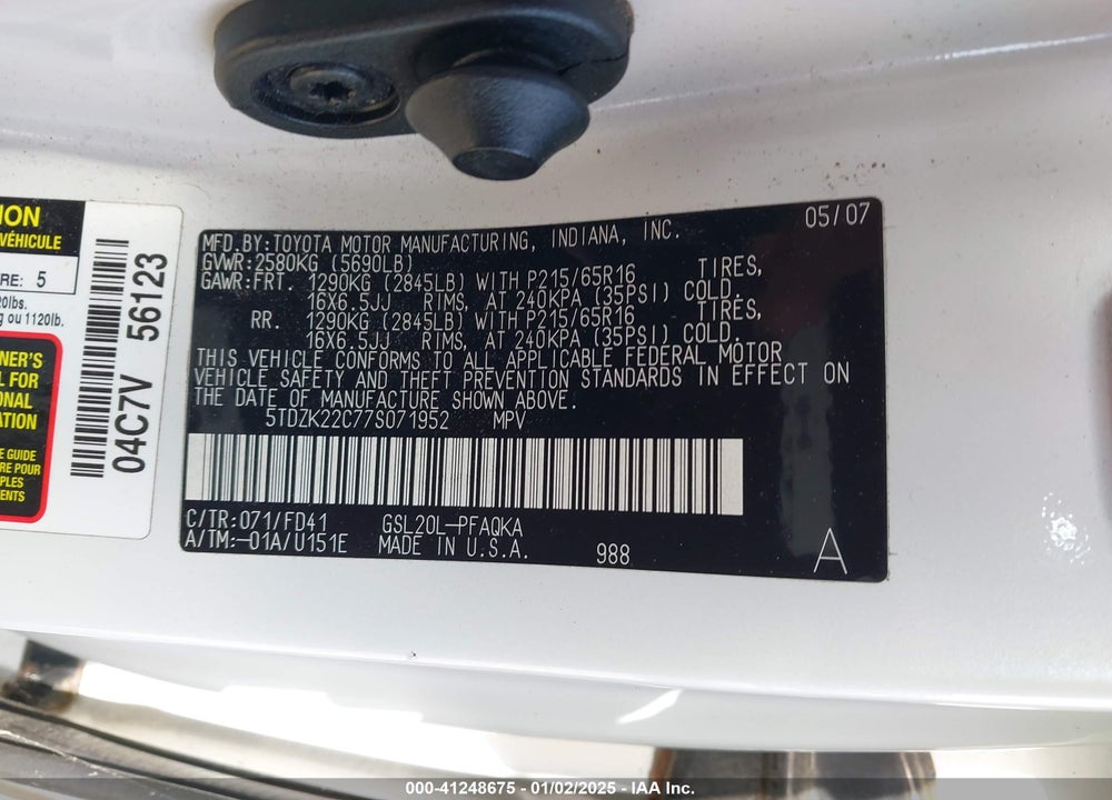 2007 TOYOTA SIENNA XLE VIN: 5TDZK22C77S071952