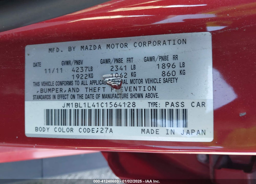 2012 MAZDA SPEED3 TOURING VIN: JM1BL1L41C1564128