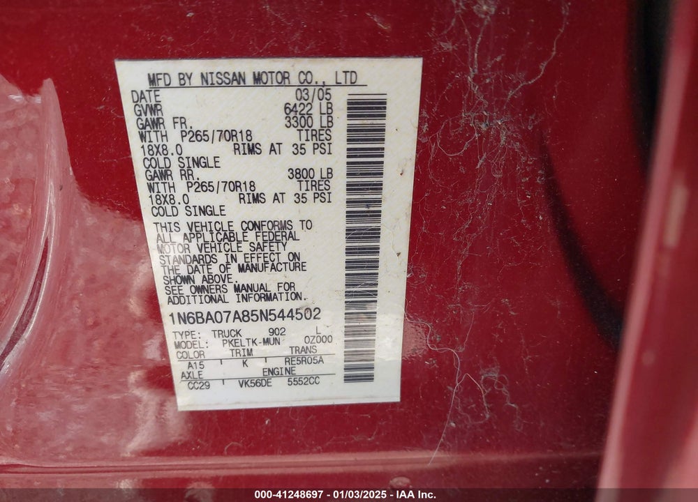 2005 NISSAN TITAN SE VIN: 1N6BA07A85N544502
