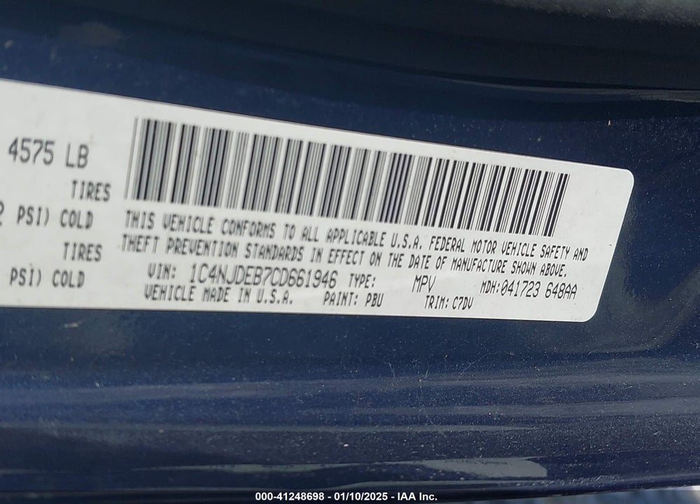 2012 JEEP COMPASS LATITUDE VIN: 1C4NJDEB7CD661946