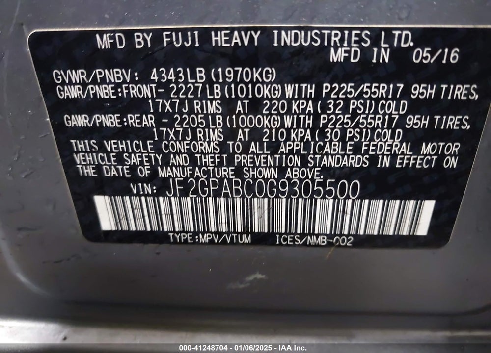 2016 SUBARU CROSSTREK 2.0I PREMIUM VIN: JF2GPABC0G9305500