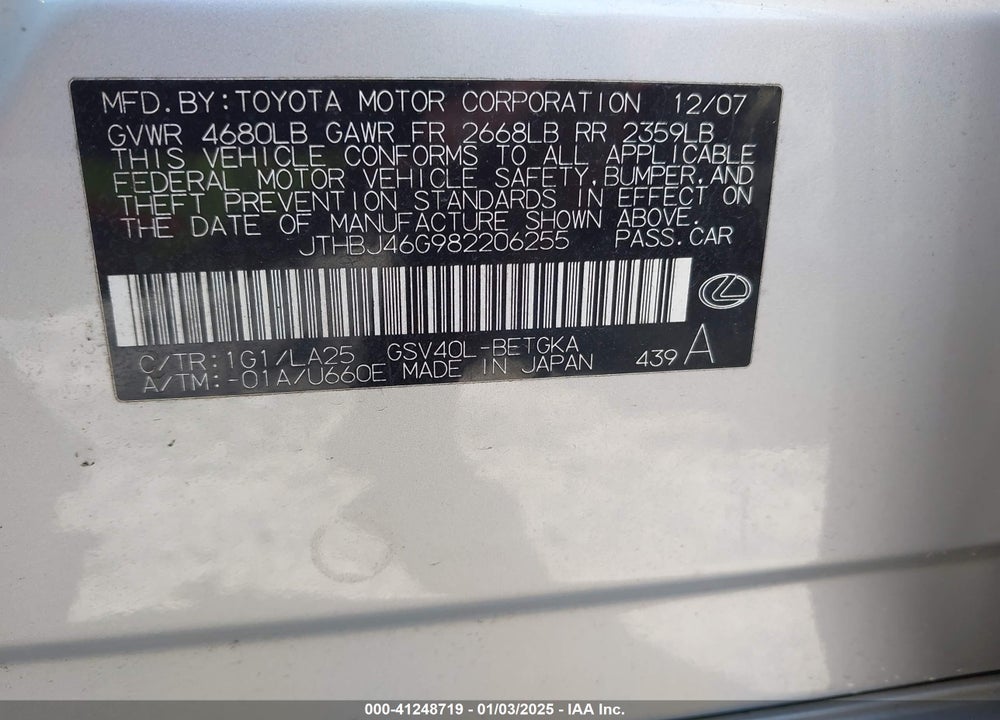 2008 LEXUS ES 350 VIN: JTHBJ46G982206255