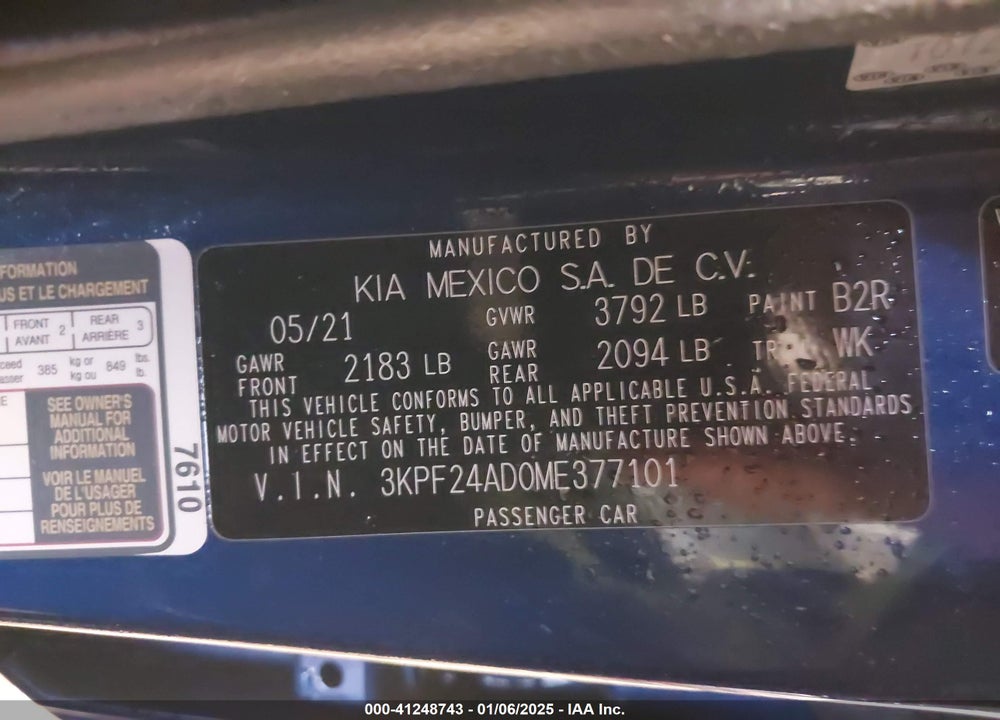 2021 KIA FORTE VIN: 3KPF24AD0ME377101