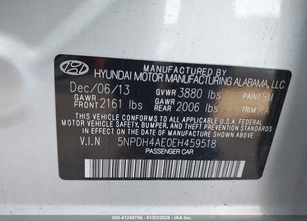2014 HYUNDAI ELANTRA VIN: 5NPDH4AE0EH459518