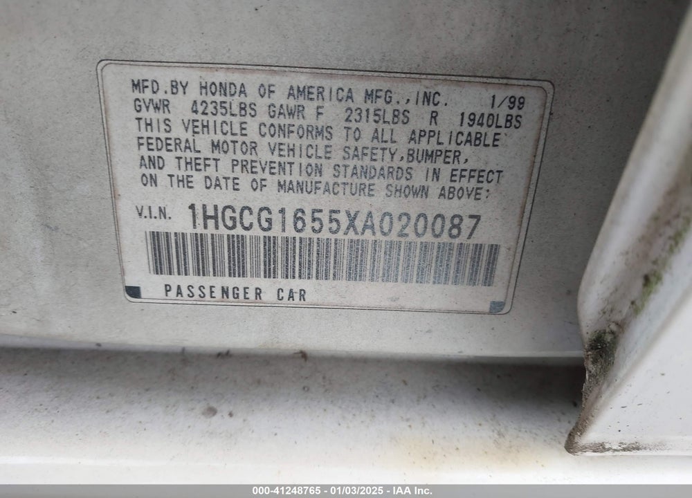 1999 HONDA ACCORD EX V6 VIN: 1HGCG1655XA020087