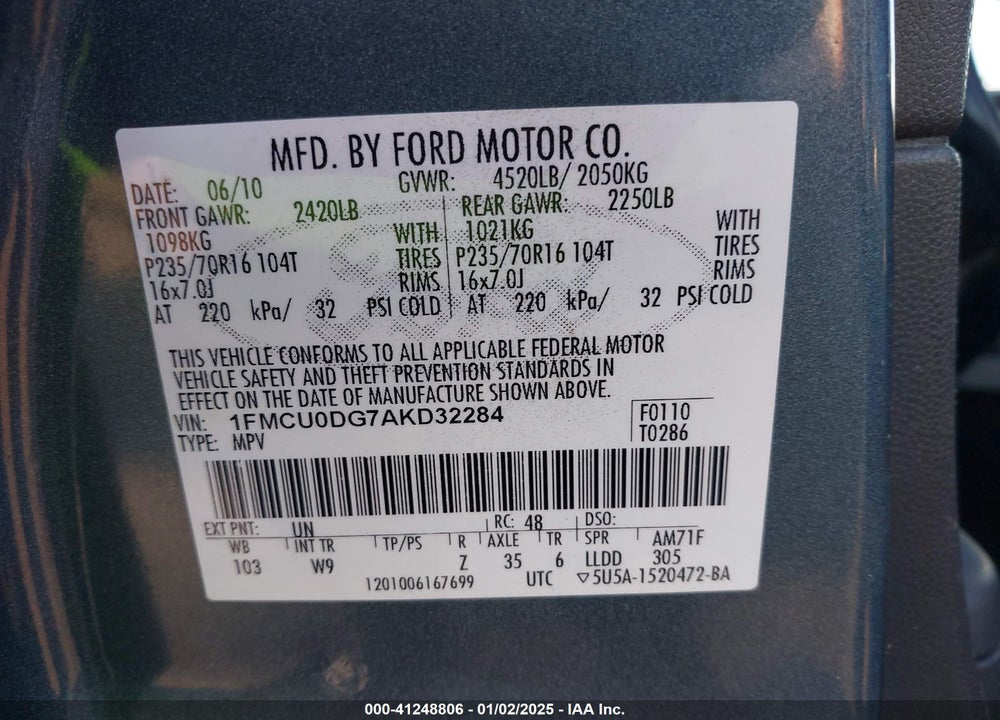 2010 FORD ESCAPE XLT VIN: 1FMCU0DG7AKD32284