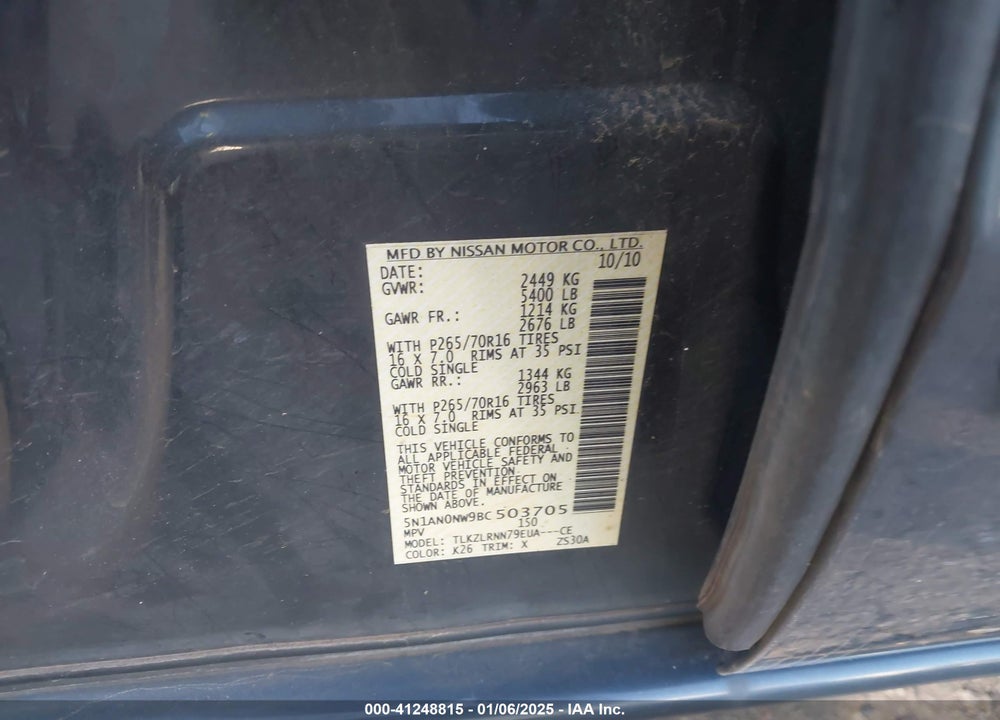 2011 NISSAN XTERRA S VIN: 5N1AN0NW9BC503705