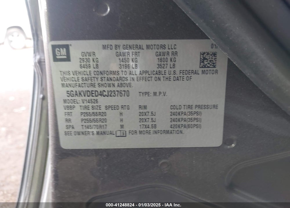 2012 BUICK ENCLAVE PREMIUM VIN: 5GAKVDED4CJ237670