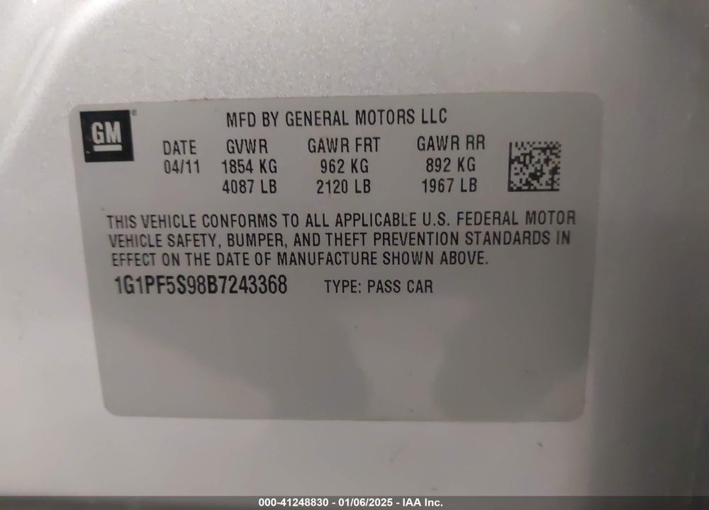 2011 CHEVROLET CRUZE 1LT VIN: 1G1PF5S98B7243368