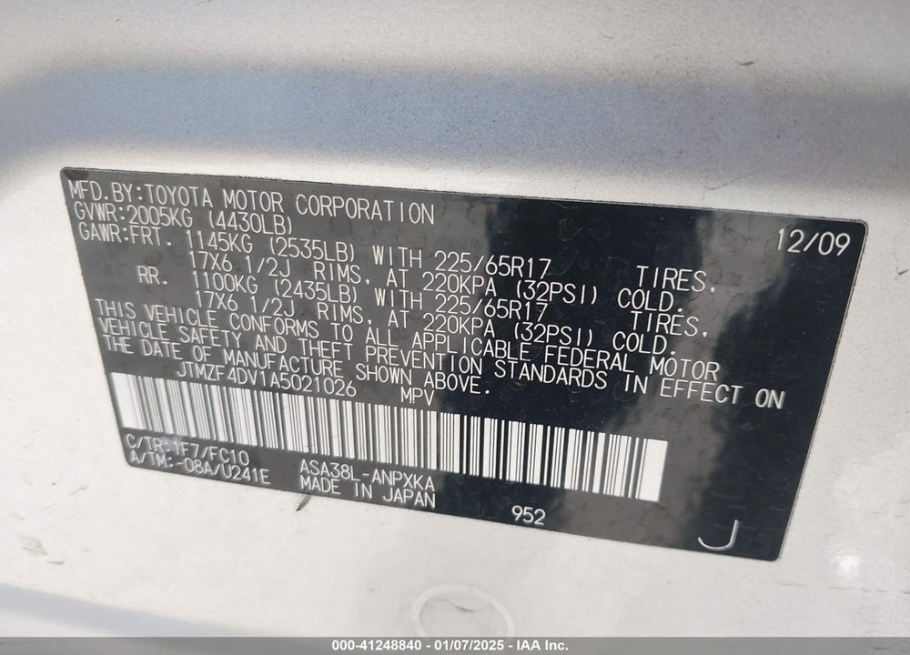 2010 TOYOTA RAV4 VIN: JTMZF4DV1A5021026