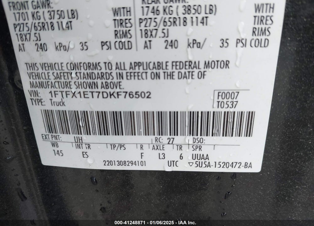 2013 FORD F150 VIN: 1FTFX1ET7DKF76502