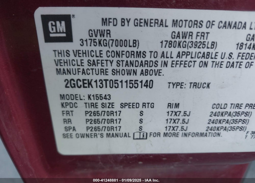 2005 CHEVROLET SILVERADO 1500 LS VIN: 2GCEK13T051155140