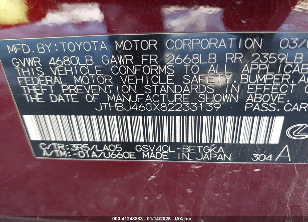 2008 LEXUS ES VIN: JTHBJ46GX82233139