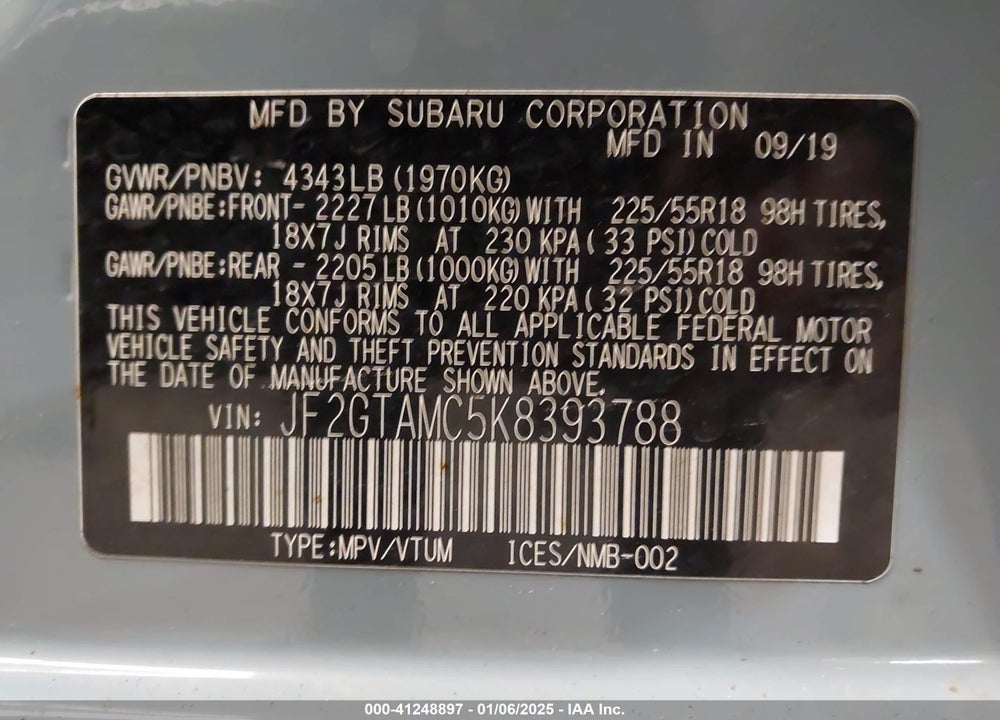 2019 SUBARU CROSSTREK 2.0I LIMITED VIN: JF2GTAMC5K8393788