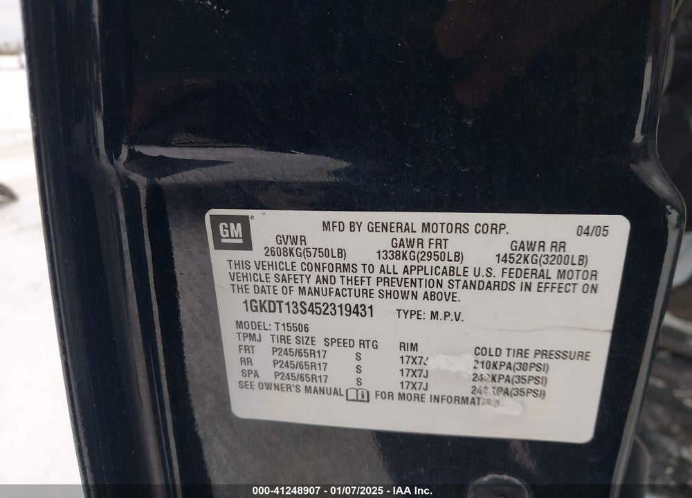 2005 GMC ENVOY SLT VIN: 1GKDT13S452319431