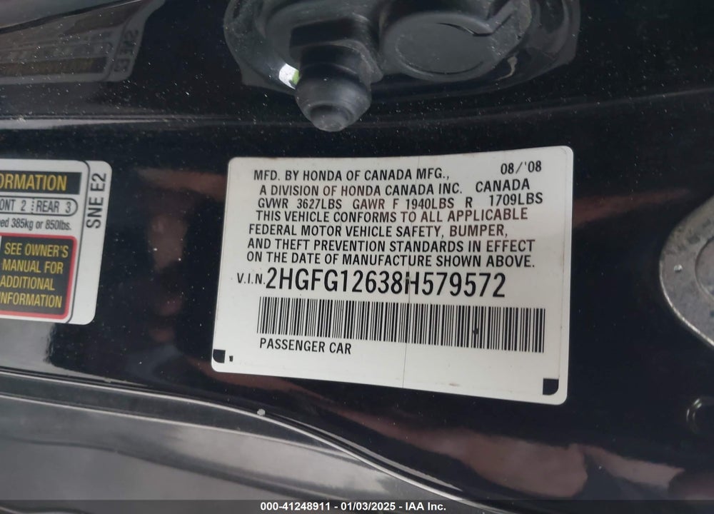 2008 HONDA CIVIC LX VIN: 2HGFG12638H579572