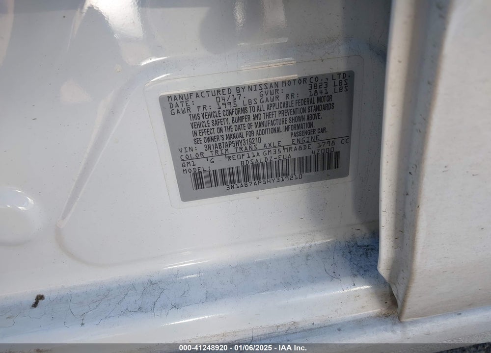 2017 NISSAN SENTRA SV VIN: 3N1AB7AP5HY319210