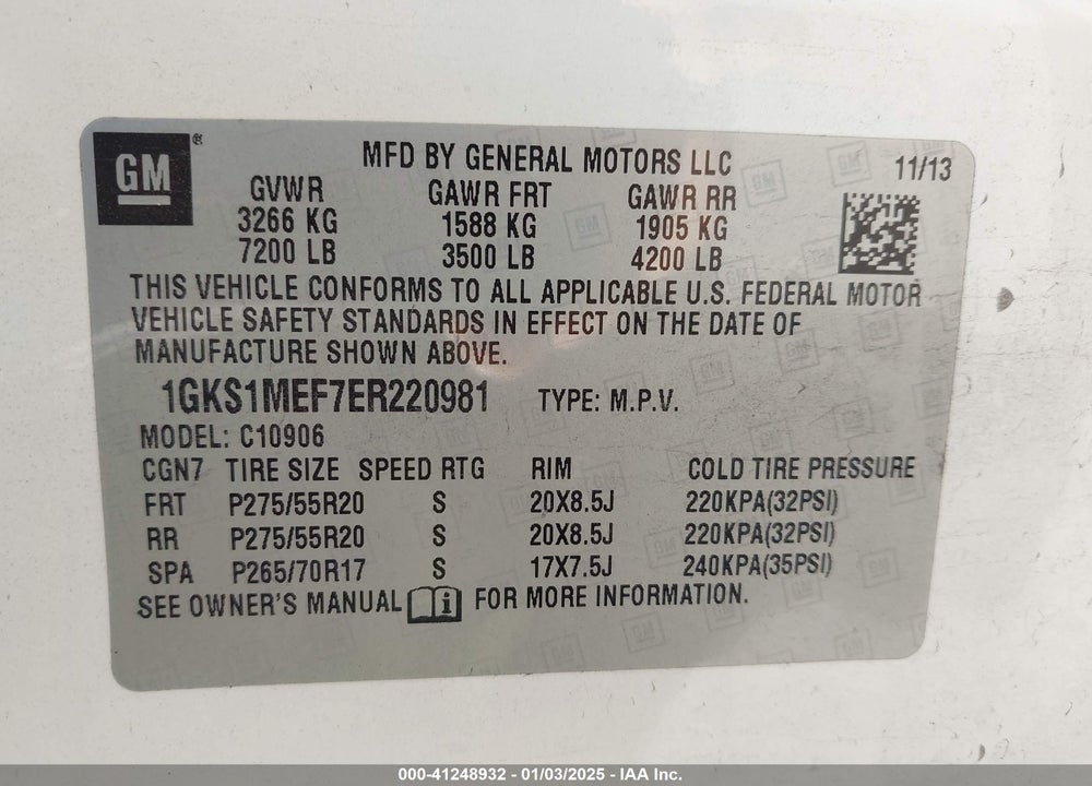 2014 GMC YUKON XL 1500 DENALI VIN: 1GKS1MEF7ER220981