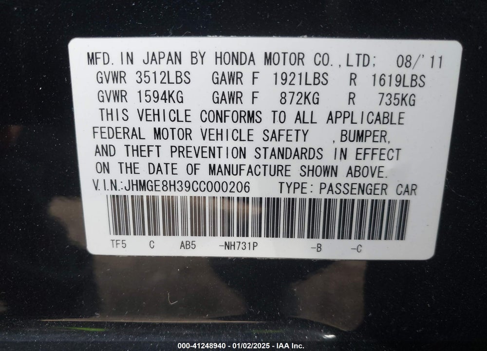2012 HONDA FIT VIN: JHMGE8H39CC000206