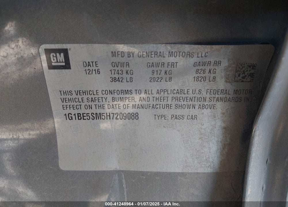 2017 CHEVROLET CRUZE VIN: 1G1BE5SM5H7209088
