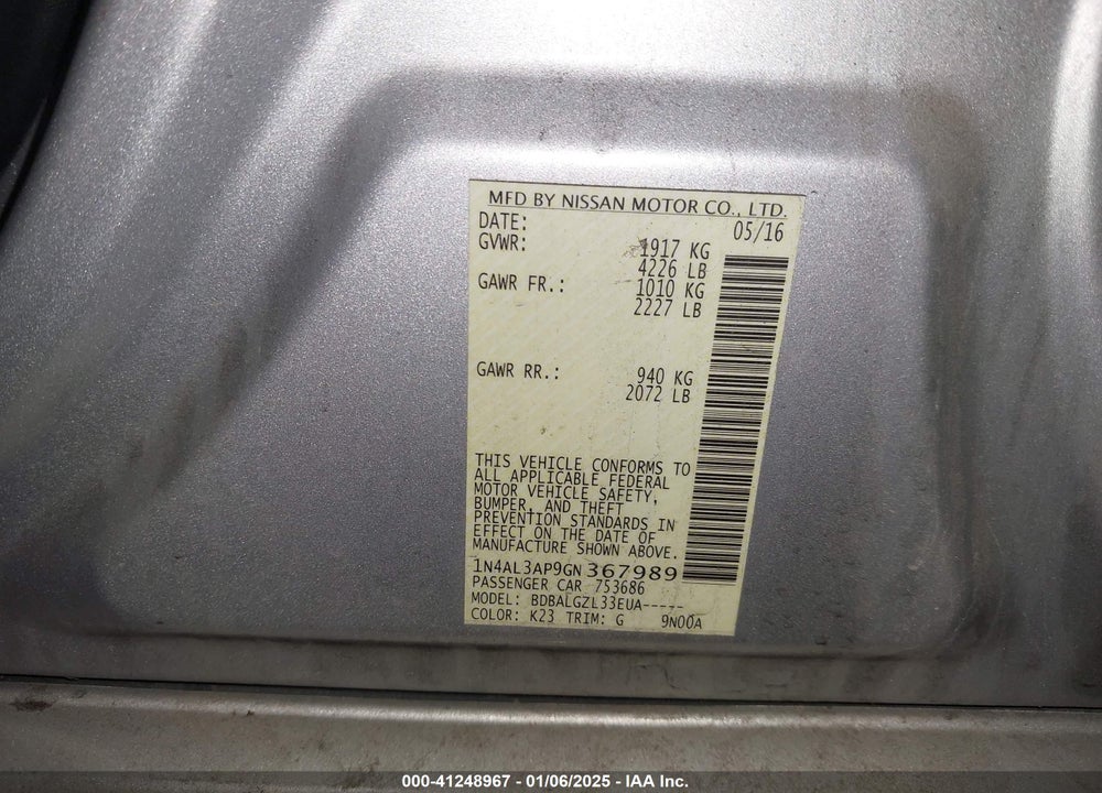 2016 NISSAN ALTIMA VIN: 1N4AL3AP9GN367989