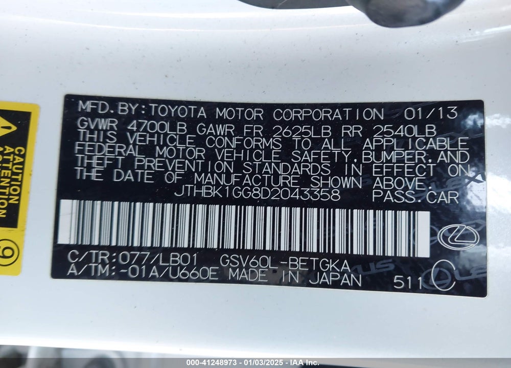 2013 LEXUS ES 350 VIN: JTHBK1GG8D2043358