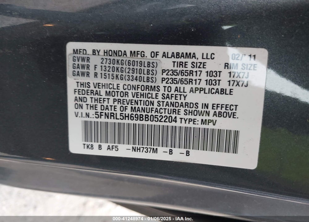 2011 HONDA ODYSSEY EX-L VIN: 5FNRL5H69BB052204