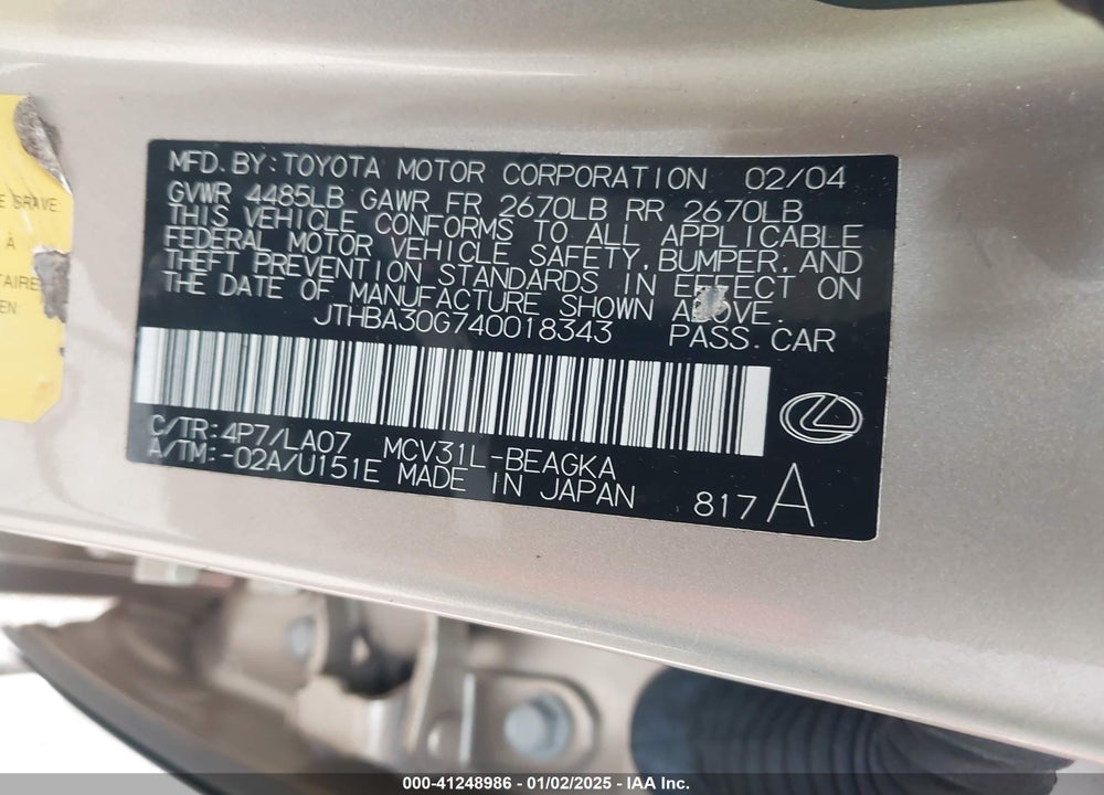 2004 LEXUS ES 330 VIN: JTHBA30G740018343