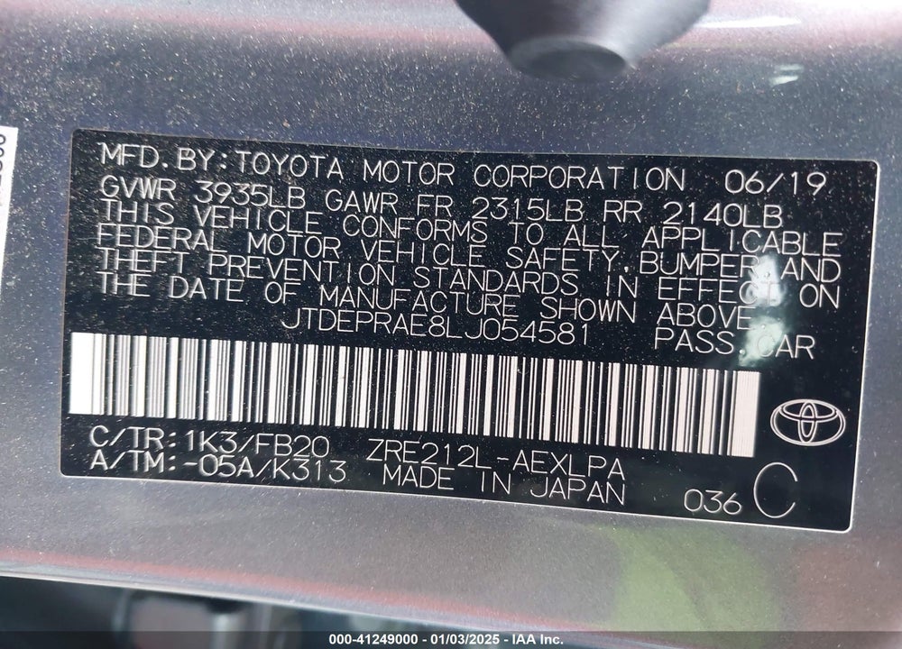 2020 TOYOTA COROLLA LE VIN: JTDEPRAE8LJ054581