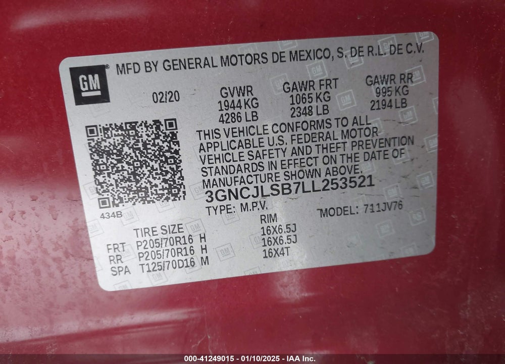 2020 CHEVROLET TRAX FWD LT VIN: 3GNCJLSB7LL253521