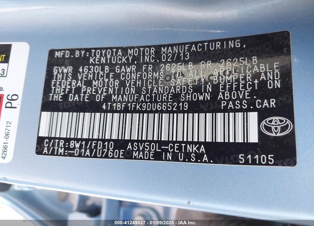 2013 TOYOTA CAMRY VIN: 4T1BF1FK9DU665219