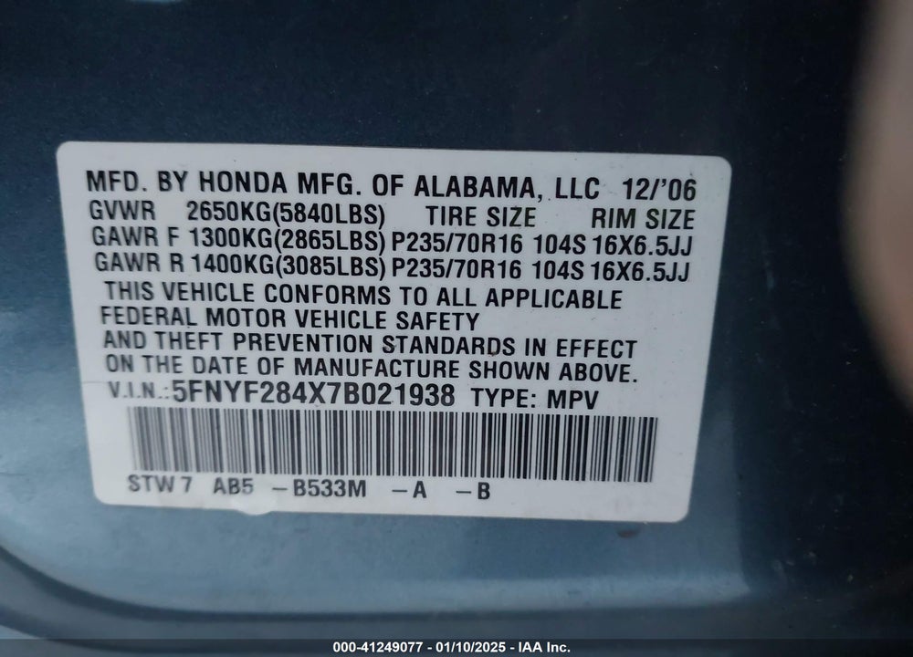 2007 HONDA PILOT EX VIN: 5FNYF284X7B021938