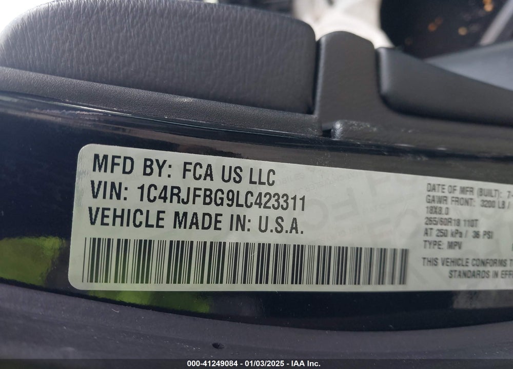 2020 JEEP GRAND CHEROKEE LIMITED 4X4 VIN: 1C4RJFBG9LC423311