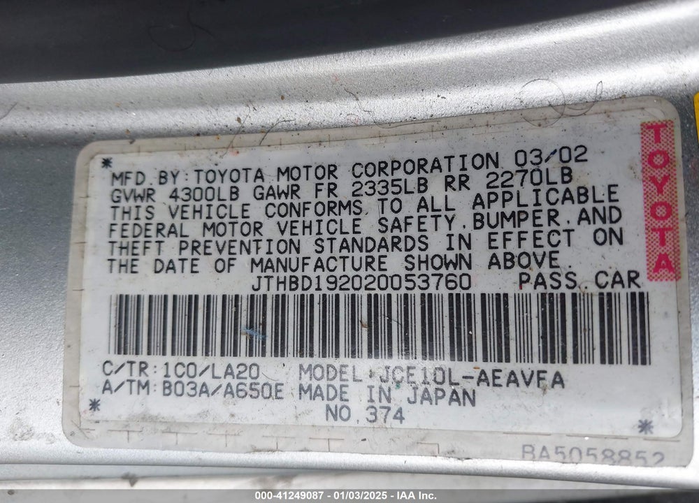 2002 LEXUS IS 300 VIN: JTHBD192020053760