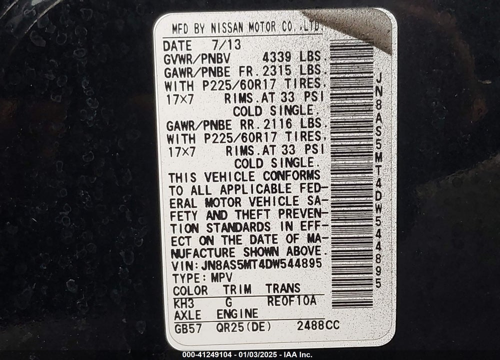 2013 NISSAN ROGUE SV VIN: JN8AS5MT4DW544895