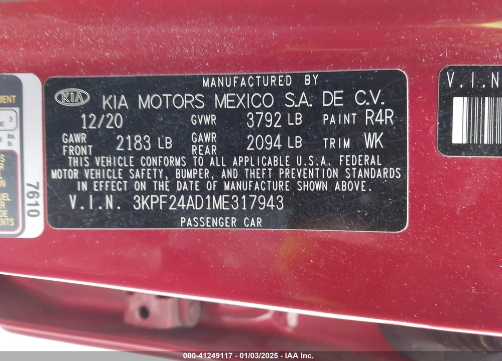 2021 KIA FORTE VIN: 3KPF24AD1ME317943