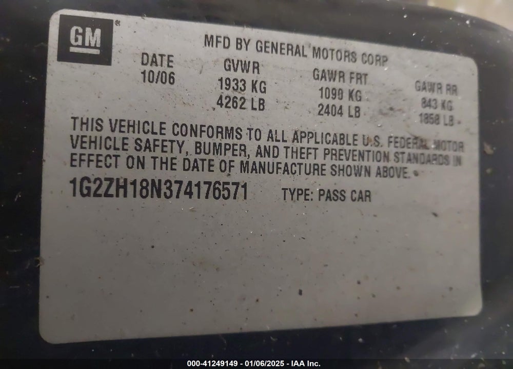 2007 PONTIAC G6 GT VIN: 1G2ZH18N374176571