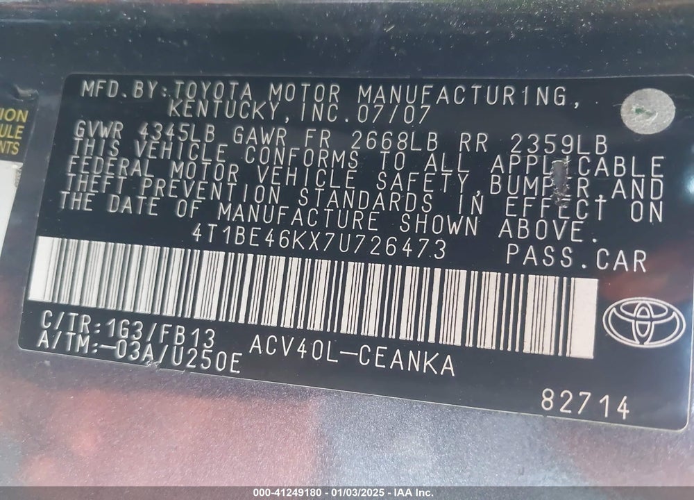 2007 TOYOTA CAMRY VIN: 4T1BE46KX7U726473