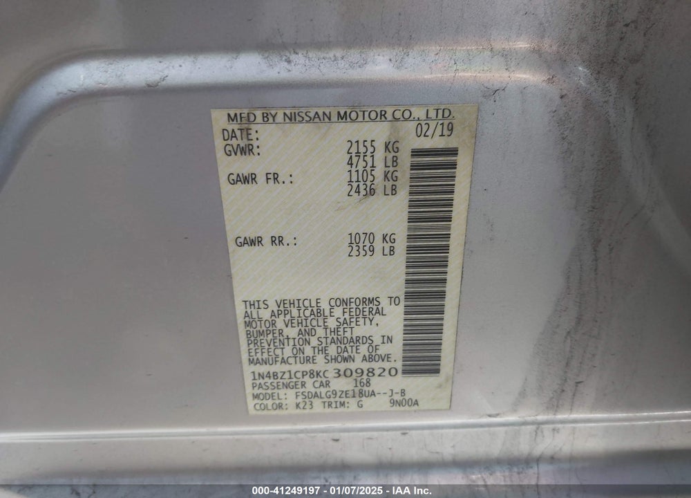 2019 NISSAN LEAF SL PLUS VIN: 1N4BZ1CP8KC309820
