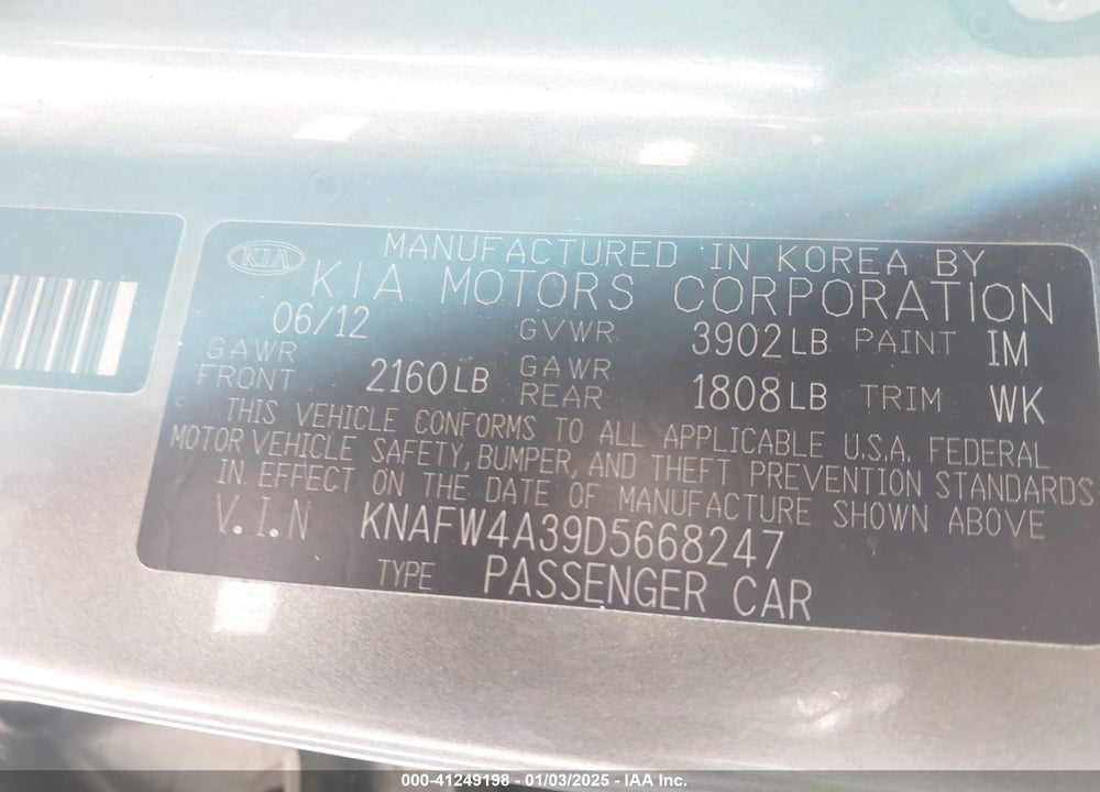 2013 KIA FORTE SX VIN: KNAFW4A39D5668247