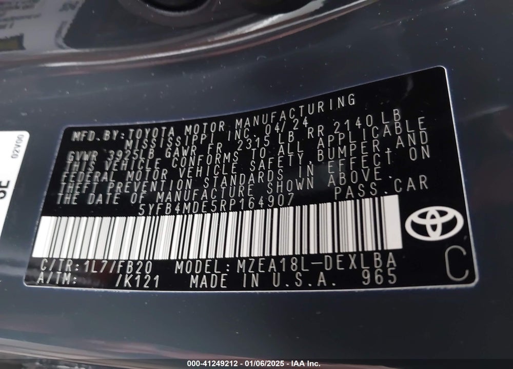 2024 TOYOTA COROLLA VIN: 5YFB4MDE5RP164907