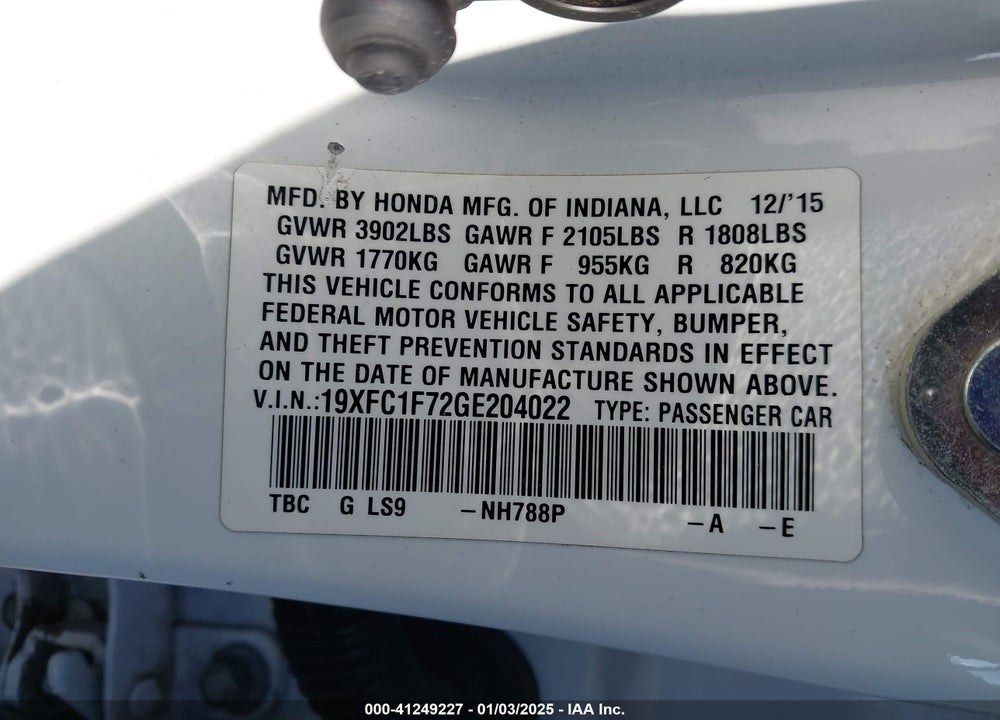 2016 HONDA CIVIC EX-L VIN: 19XFC1F72GE204022