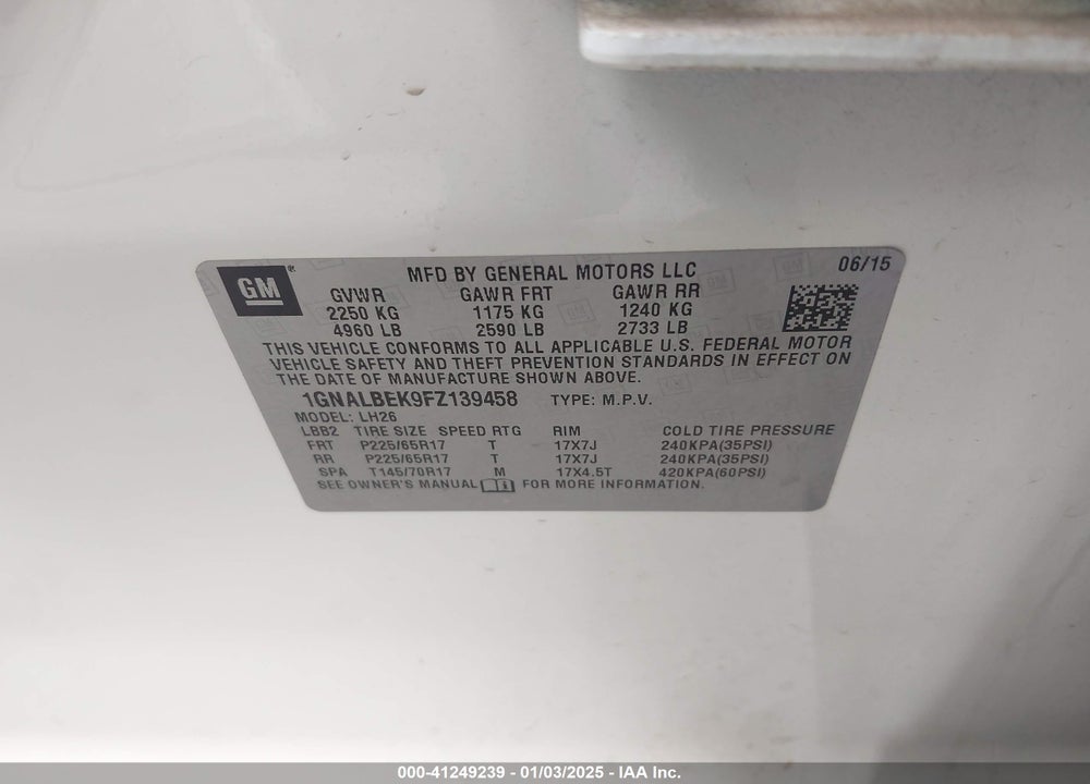 2015 CHEVROLET EQUINOX 1LT VIN: 1GNALBEK9FZ139458